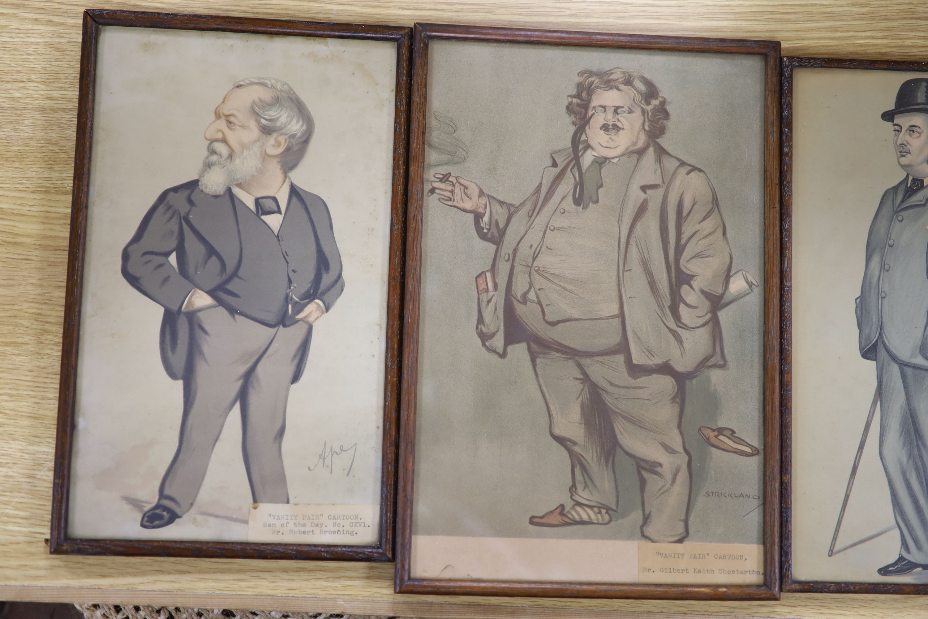 Five assorted Vanity Fair prints including Oscar Wilde, and Robert Browning, largest 32 x 21cm